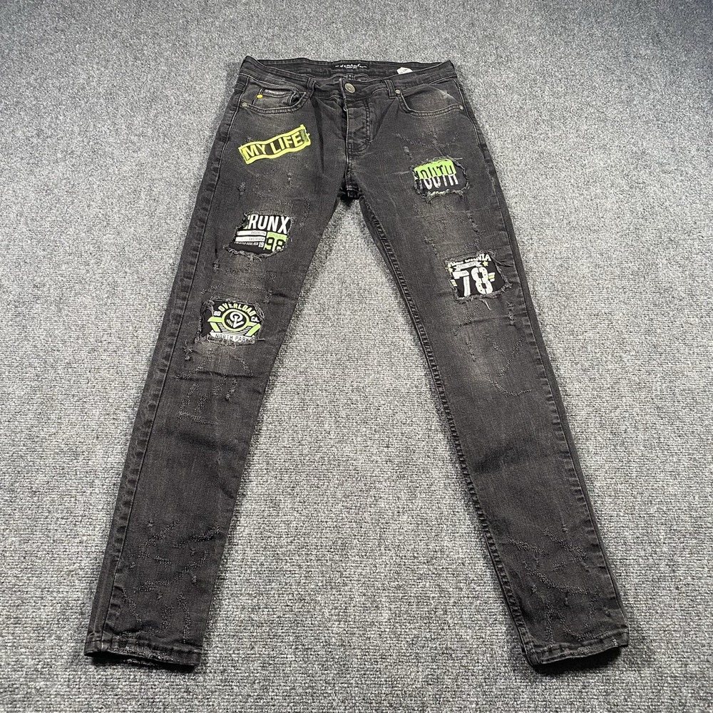 CHARJ Slim Fit Jeans Mens 33x30 Faded Patchwork Streetwear Black Denim Slim Fit